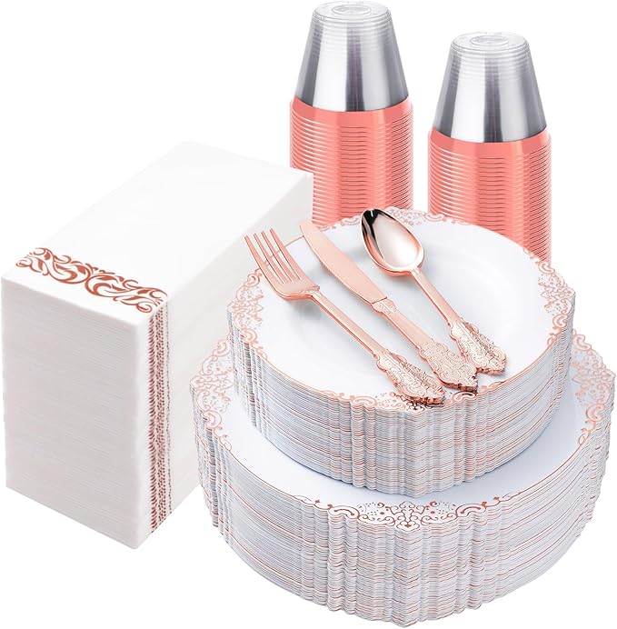 350PCS Rose Gold Plastic Plates by Bestluck