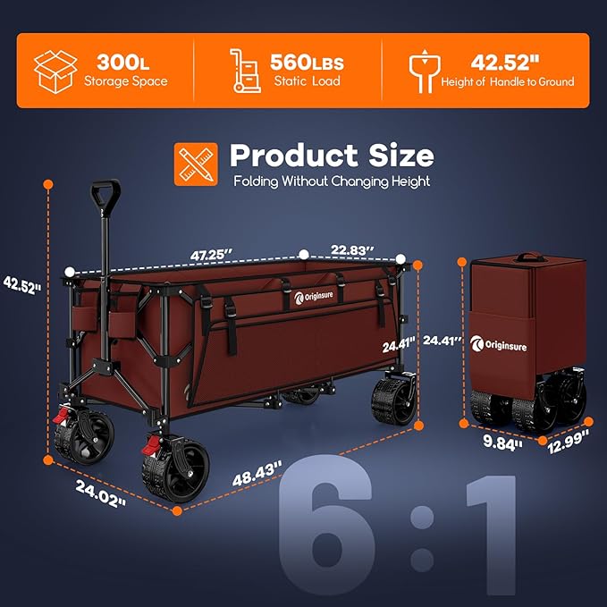 48" L Collapsible Wagon Cart Foldable, 560lbs Weight Capacity 300L Heavy Duty - Image 2