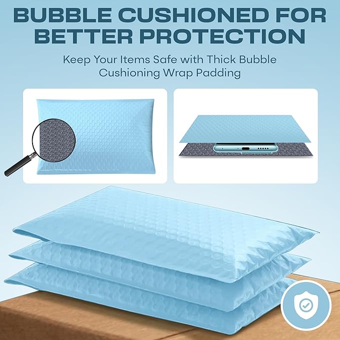 Light Blue Small Poly Bubble Mailers 6x10 inch #0 | Self Seal Padded Envelopes - Image 5