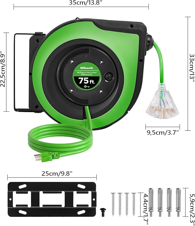 Retractable Cord Reel, 75 FT Heavy Duty Extension Cord, 14AWG/3C SJTOW - Image 8