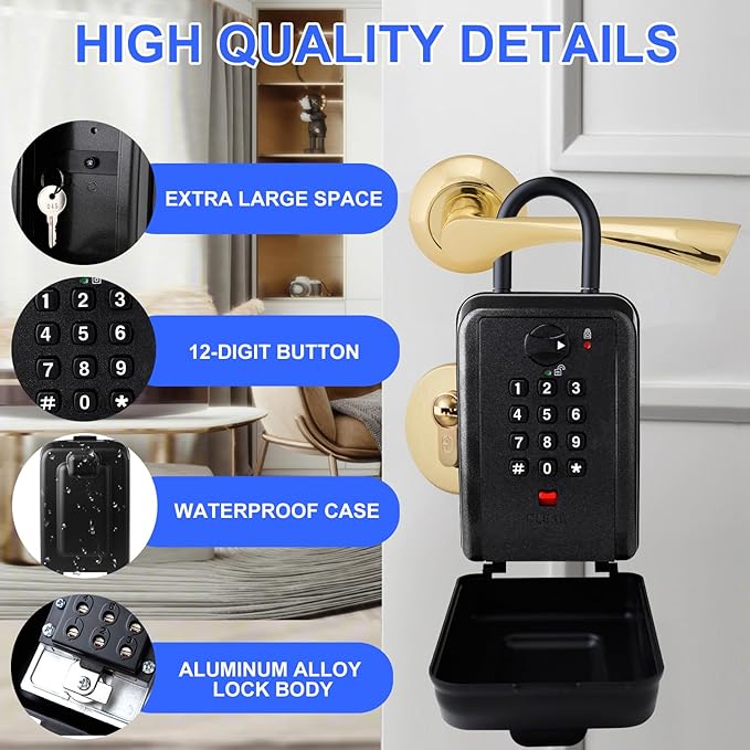 Key Lock Box, 12-Digit Code, Weatherproof Wall Mount, Large Capacity 5-8 Keys - Image 3