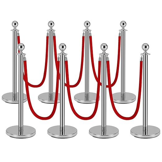 8 PCS Stainless Steel Stanchion Post, 5Ft Red Velvet Rope, Hollow Base and by Yeatruojeet