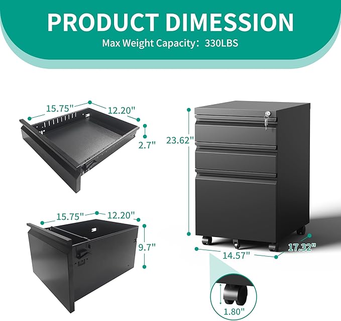 3-Drawer Mobile File Cabinet - Image 3
