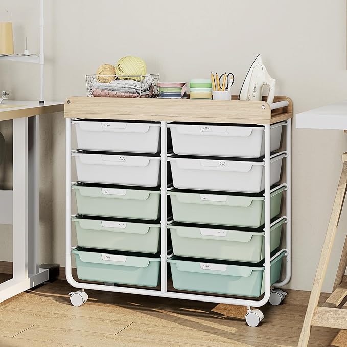 10 Drawers Rolling Cart with Wooden Tabletop, Utility Storage Cart with Wheels - Image 8