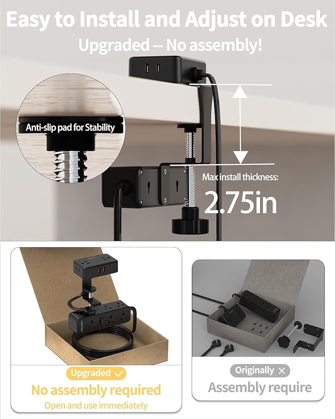 Dual Layer Desk Clamp Power Strip, Desktop Edge Mount Charging Station - Image 3