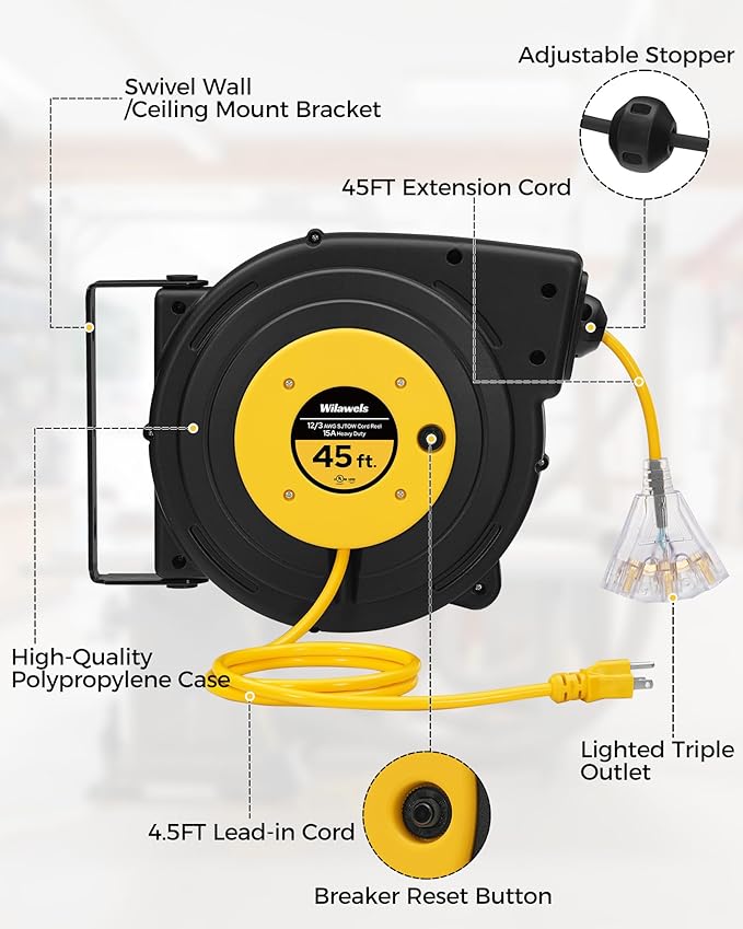 Retractable Extension Cord Reel, 45 FT Heavy Duty Power Cord, 12AWG/3C SJTOW - Image 7
