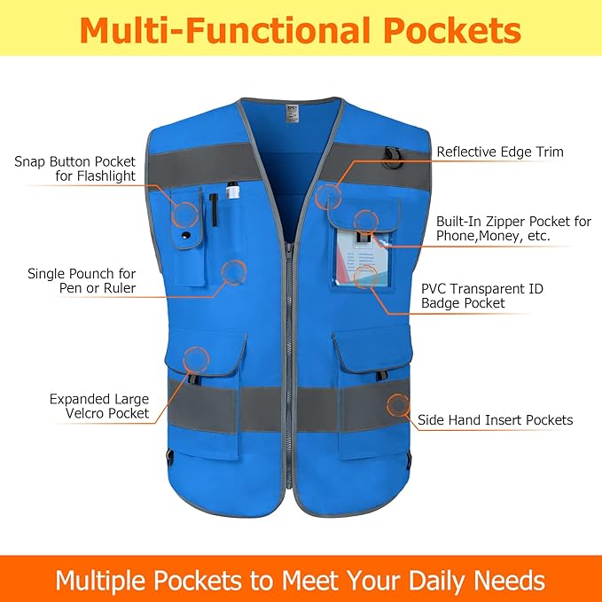 TCCFCCT Safety Vest 9 Pockets High Visibility Reflective Safety Vest - Image 3