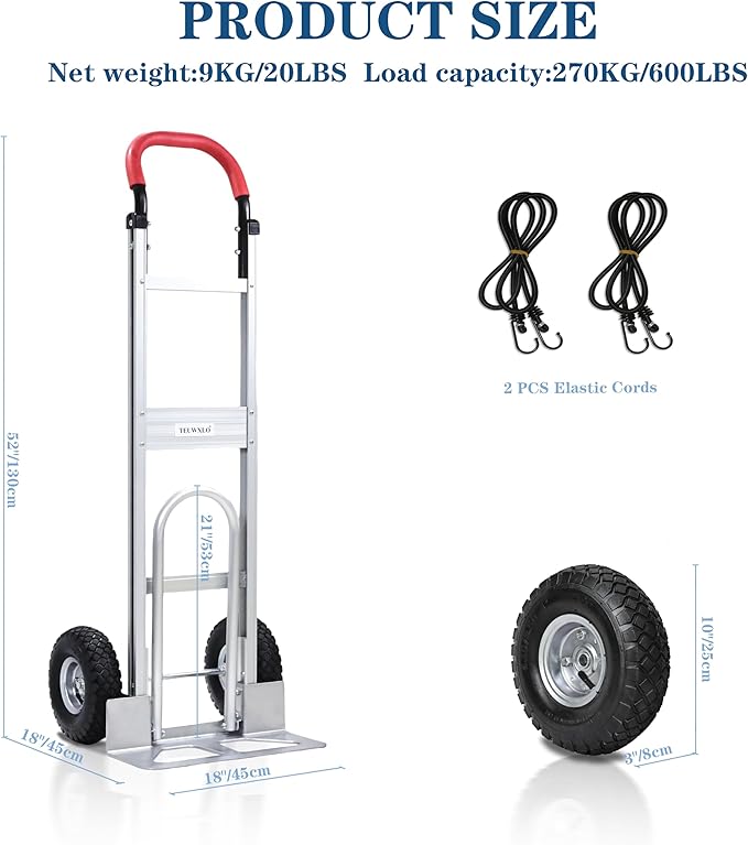 Aluminum Alloy Hand Truck with U-Shaped Handle, 2 Rubber Wheels, 600 lb Capacity - Image 2