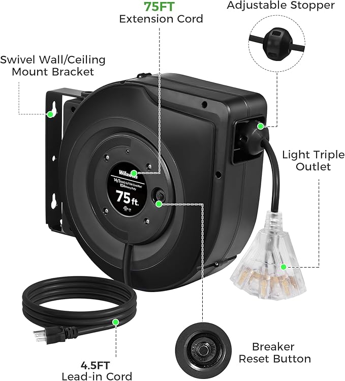 Retractable Cord Reel, 75 FT Heavy Duty Extension Cord, 14AWG/3C SJTOW - Image 8