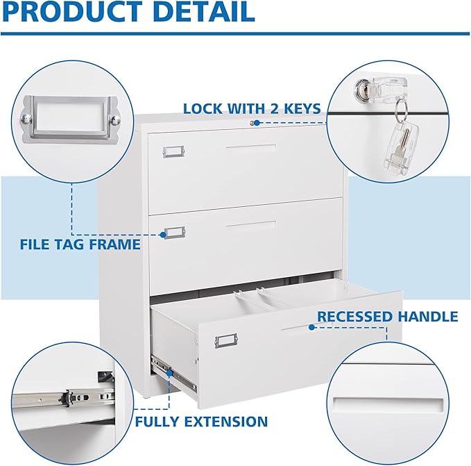 Lateral File Cabinet 3 Drawer, Metal Storage File Cabinet - Image 7