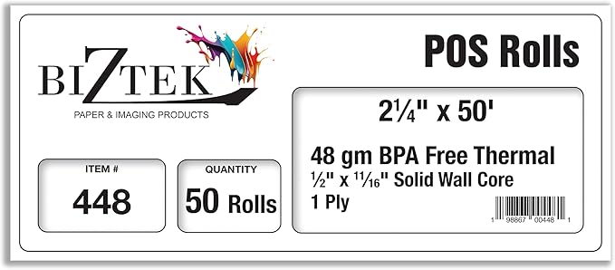 Thermal Paper Receipt Rolls, 2-1/4" x 50', 48 Gram Weight, BPA Free, Grade A - Image 2