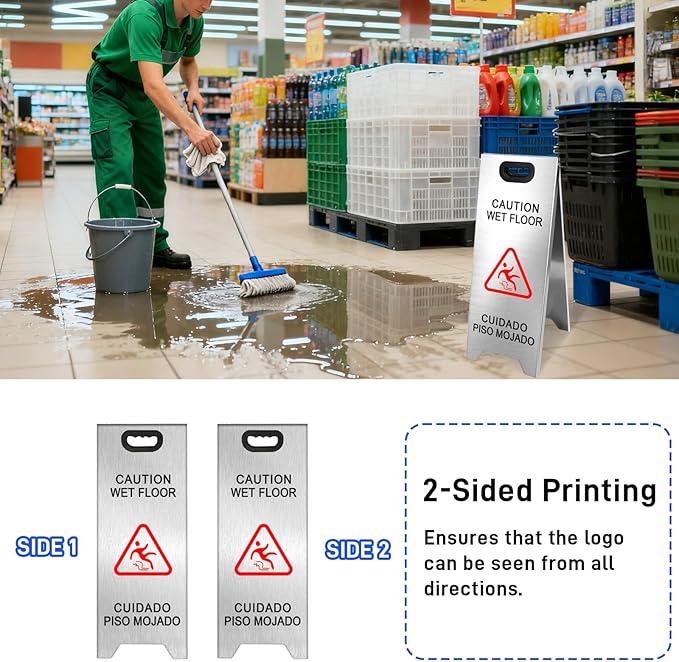 4 Pack Stainless Steel Wet Floor Sign, 24 Inch Caution Wet Floor Sign Portable - Image 3