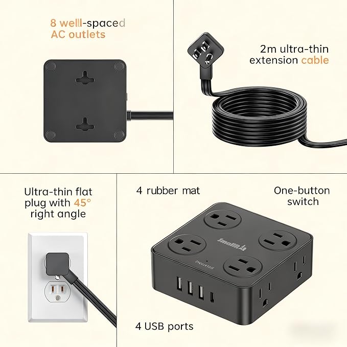 6.5Ft Power Strip with Surge Protector, 8 Outlets 4 USB Ports Extension Cord - Image 5