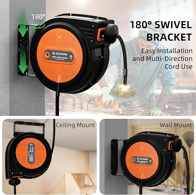 80FT Retractable Extension Cord Reel, 14 AWG/3C SJTOW Heavy Duty Power Cord - Image 8