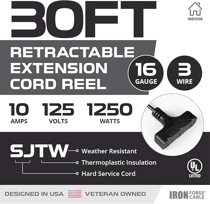 Iron Forge Cable 30 Ft Retractable Extension Cord Reel - Image 2