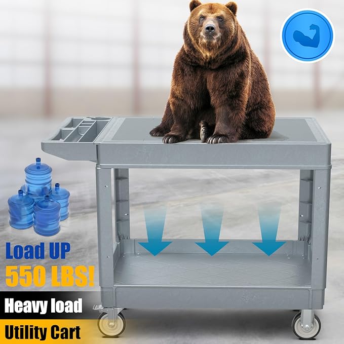 2 Tier Rolling Utility Cart on Wheels, 550 lbs Capacity Flat Top Plastic - Image 5
