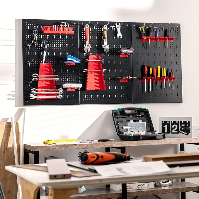 Goplus Garage Pegboard Tool Organizer, 4ft Metal Pegboard Wall Organizer w/3 - Image 2