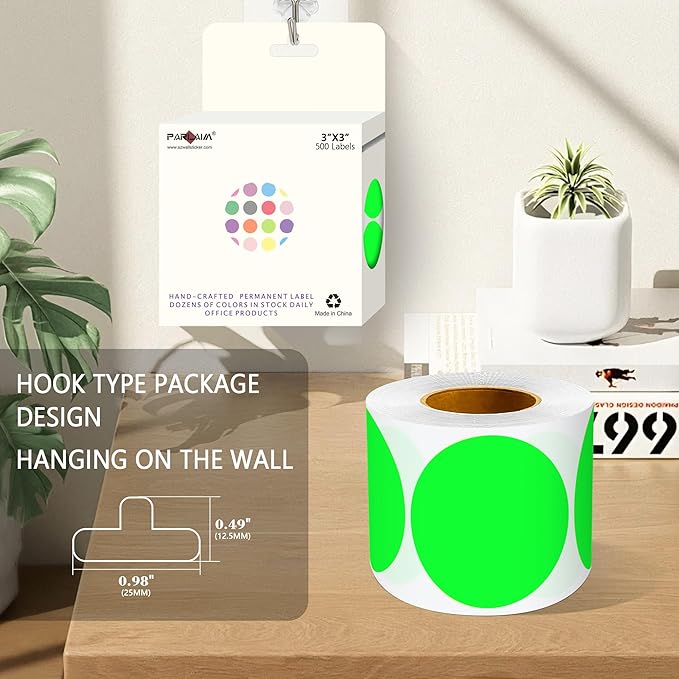 PARLAIM 3" Diameter Round Fluorescent Green Color Coding Sticker, 4 Rolls - Image 4