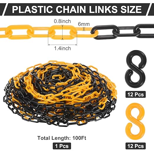 PATIKIL Plastic Chain Links, 100 Foot Safety Barrier Chain Yellow/Black - Image 3