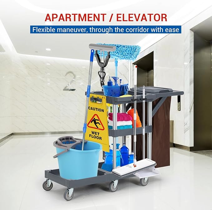 Heavy-Duty Cleaning Cart with Wheels & Shelves, 3-Tier Rolling Service Cart - Image 4