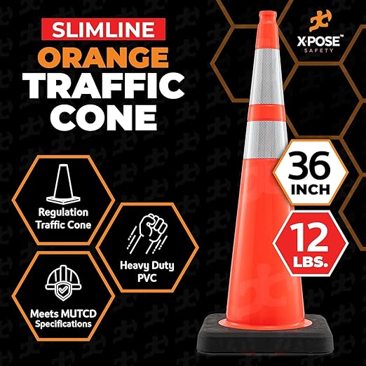 Xpose Safety 36 Inch Orange Slim Line Traffic Cones Heavy Duty 12lb, Caution & - Image 4