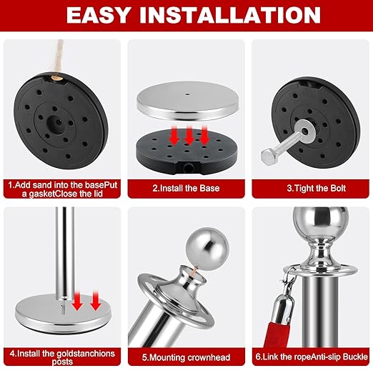 4 PCS Stainless Steel Stanchion Post, 5Ft Red Velvet Rope, Hollow Base and - Image 4