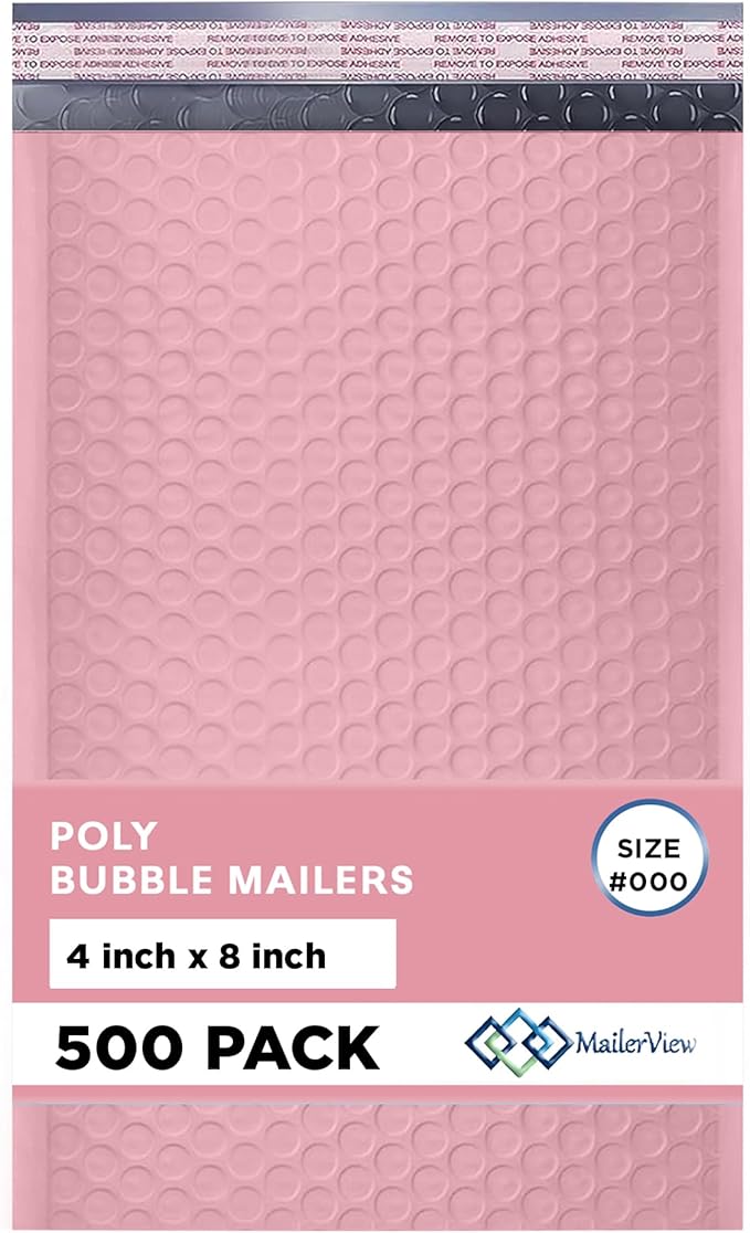 Light Pink Small Bubble Mailers 4x8 Inch #000 | Thick Padded Poly Bubble Mailer by MAILERVIEW