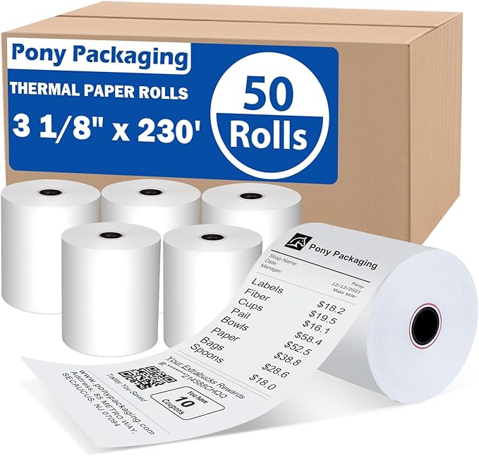 3 1/8 x 230 Thermal Paper Receipt Rolls Fits All POS Cash Registers BPA Free by PonyPackaging