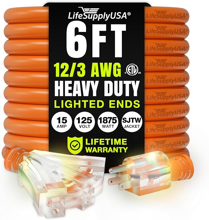 6ft Outdoor/Indoor Extension Cord 3-Outlet 12/3 Gauge Extra Heavy Duty ETL by LifeSupplyUSA