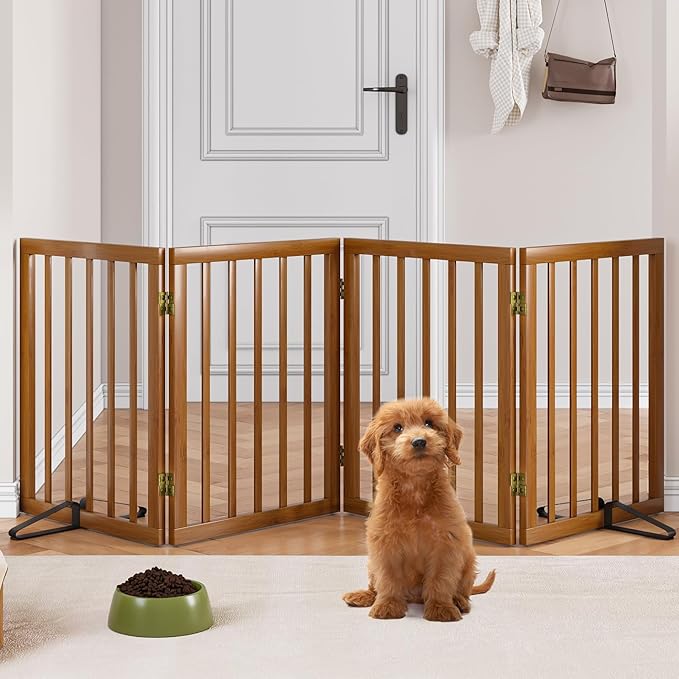Freestanding Pet Gate Foldable 4 Panel Dog Gate Walnut Dog Gates by MinoKesper