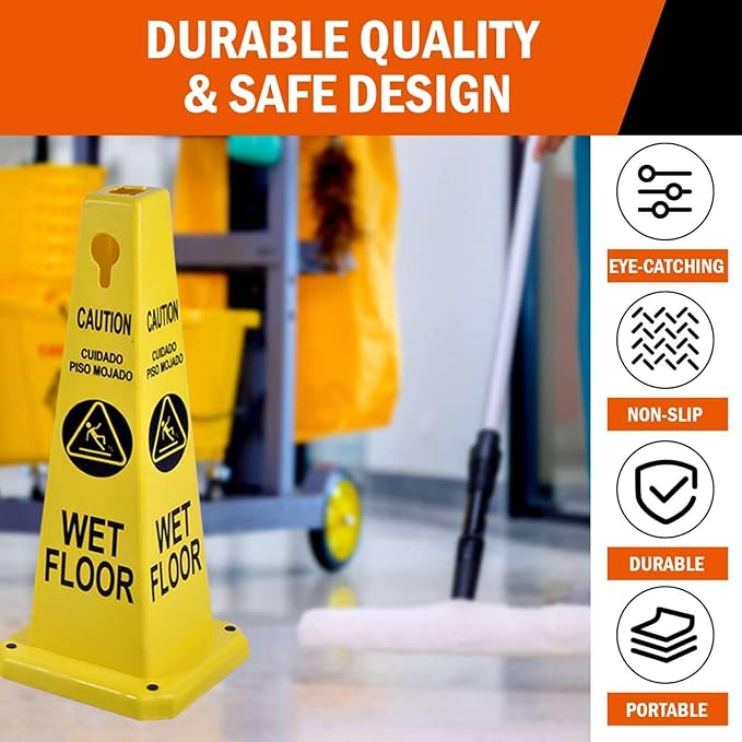 Caution Wet Floor Sign, 26.4-Inch Safety Cone, 4 Pack Yellow Plastic, - Image 3