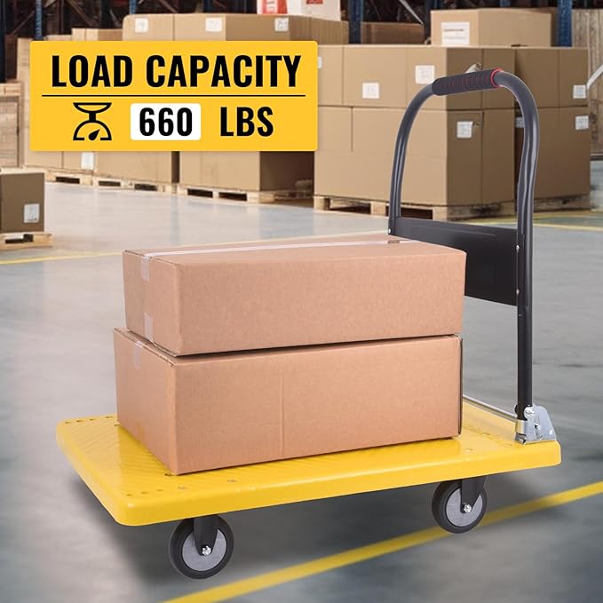Hand Cart 660 lbs, Push Cart Dolly Yellow, Capacity Platform Truck Foldable - Image 5