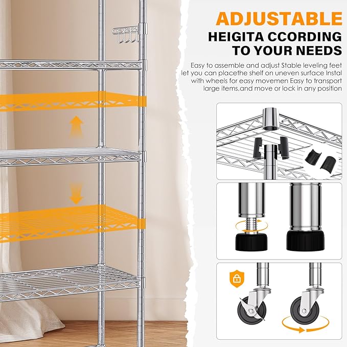 YNN Storage Shelves, 6000Lbs 6 Tier Heavy Duty Metal Rolling Shelving Unit - Image 7
