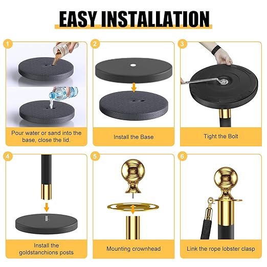kaiyomi 6Pcs Stanchions with Black Velvet Ropes Set, 5 Feet Velvet Ropes and - Image 5
