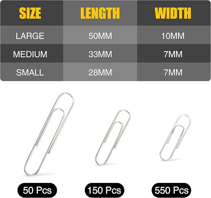 750 Paper Clips Assorted Sizes Small, Medium and Large Paper Clips - Image 2