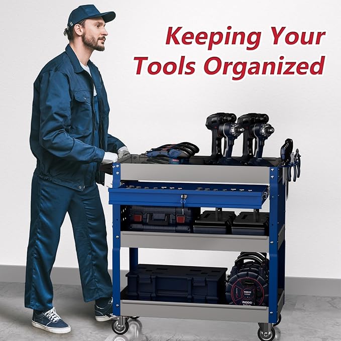 3 Tier Rolling Tool Cart on Wheels, Heavy Duty Industrial Utility Cart Service - Image 4
