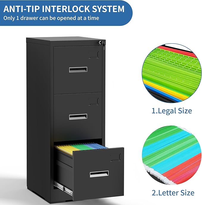 3 Drawer File Cabinet with Lock and Card Slot, Metal Vertical Filing Cabinets - Image 4