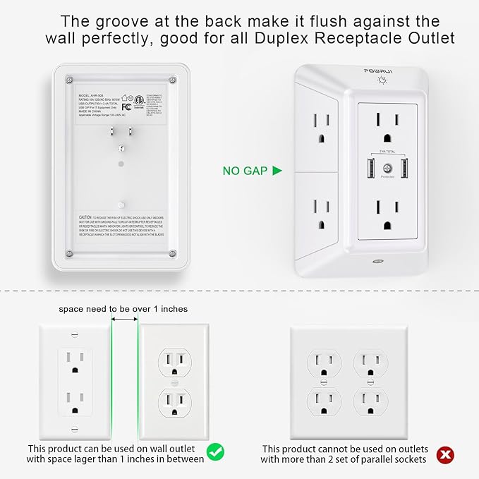 USB Wall Charger, Surge Protector, POWRUI 6-Outlet Extender - Image 3