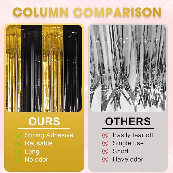 3 Pack 3.3x8.2 Feet Black and Gold Foil Fringe Backdrop Curtains, Tinsel - Image 5