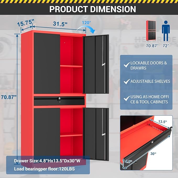 71" Metal Cabinet-Black&Gray Heavy Duty Storage File Cabinet Steel Tool Cabinets - Image 2