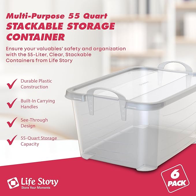 Life Story 6 Pack Light Duty Stackable Storage Bin, 55 Quart Home Organizer - Image 2