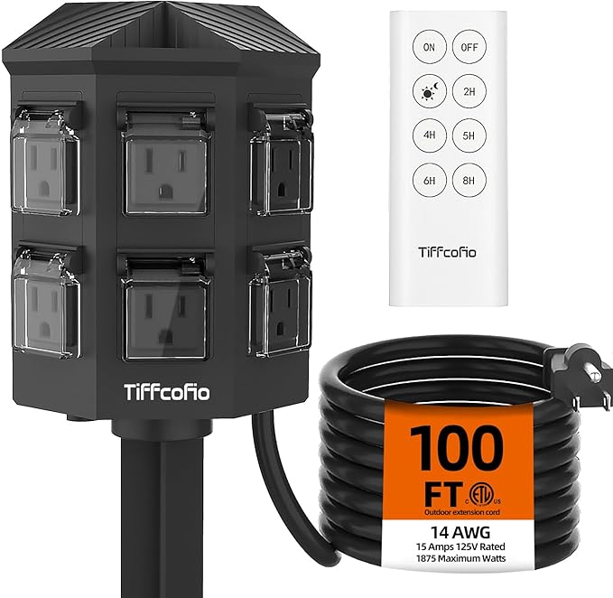 Outdoor Power Strip with 100FT Extension Cord, 100FT Remote Control, Dusk to by TiFFCOFiO