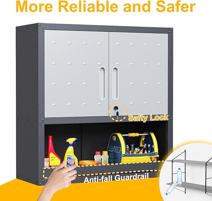 Wall Mounted Cabinet with Locking Doors, Open Shelf, Metal Hanging Garage - Image 5