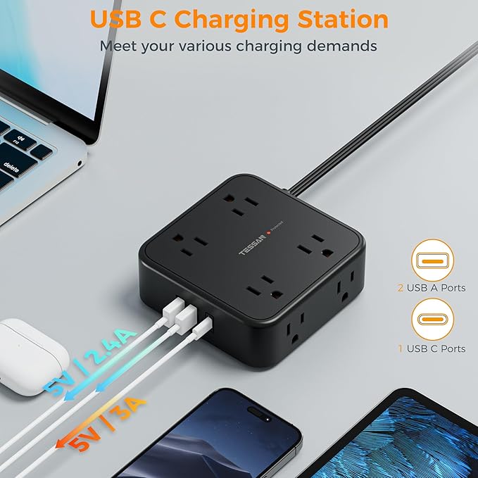 TESSAN Surge Protector Power Strip Black, 5 Ft Flat Plug Extension Cord - Image 3