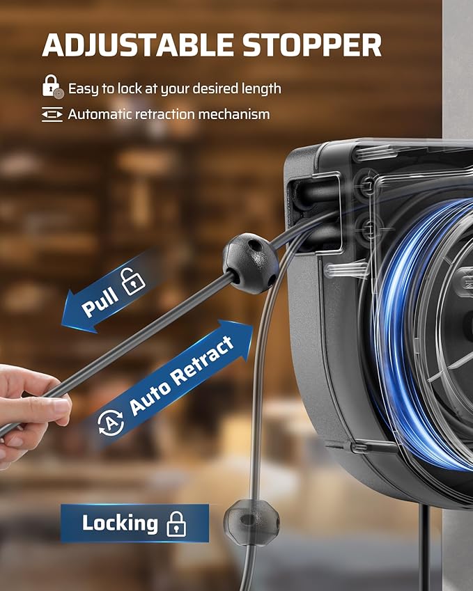 DEWENWILS Retractable Extension Cord Reel, 60FT Retractable Cord Reel, 12AWG/3C - Image 4