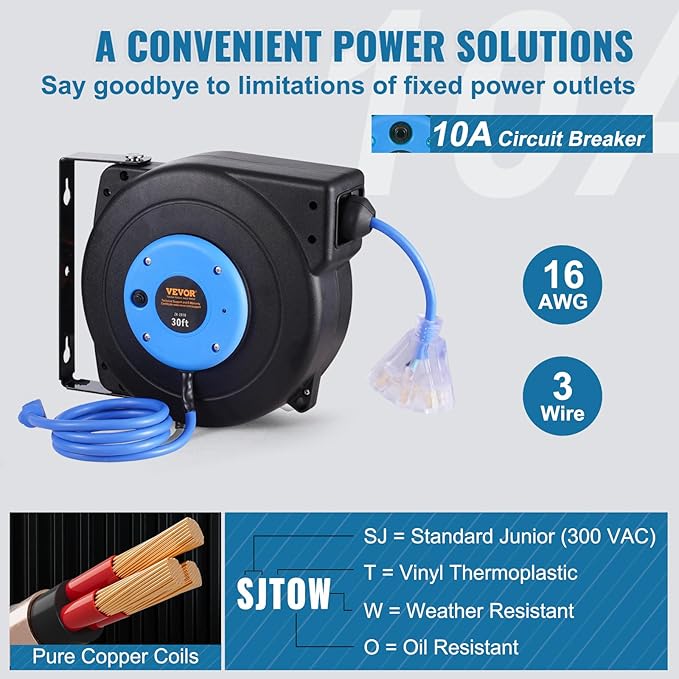 VEVOR 30FT Retractable Extension Cord Reel, 16AWG/3C SJTOW Heavy Duty Power - Image 4