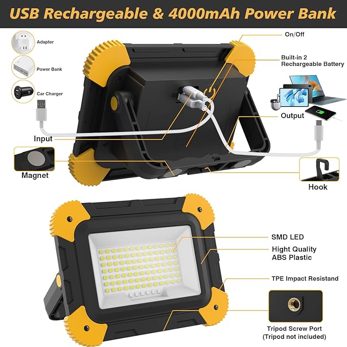 Rechargeable Magnetic Work Light, 40W Portable LED Flood Light Battery Powered - Image 4