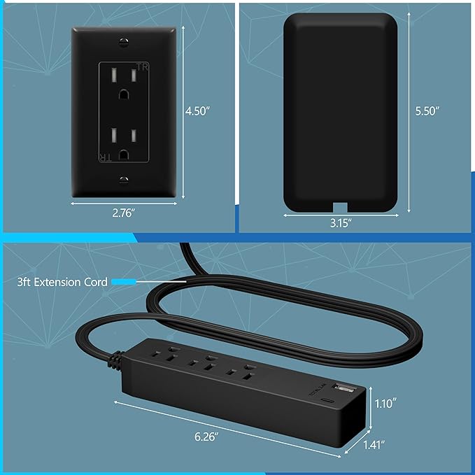 LIDER Outlet Extender with 3 Receptacles, 12W USB Type-A, and USB Type-C - Image 2