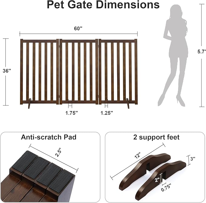 36" Height Extra Tall Freestanding Pet Gate, Solid Wood Folding Safety Fence - Image 2