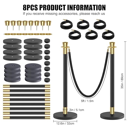 kaiyomi 8Pcs Stanchions with Black Velvet Ropes Set, 5 Feet Velvet Ropes and - Image 2